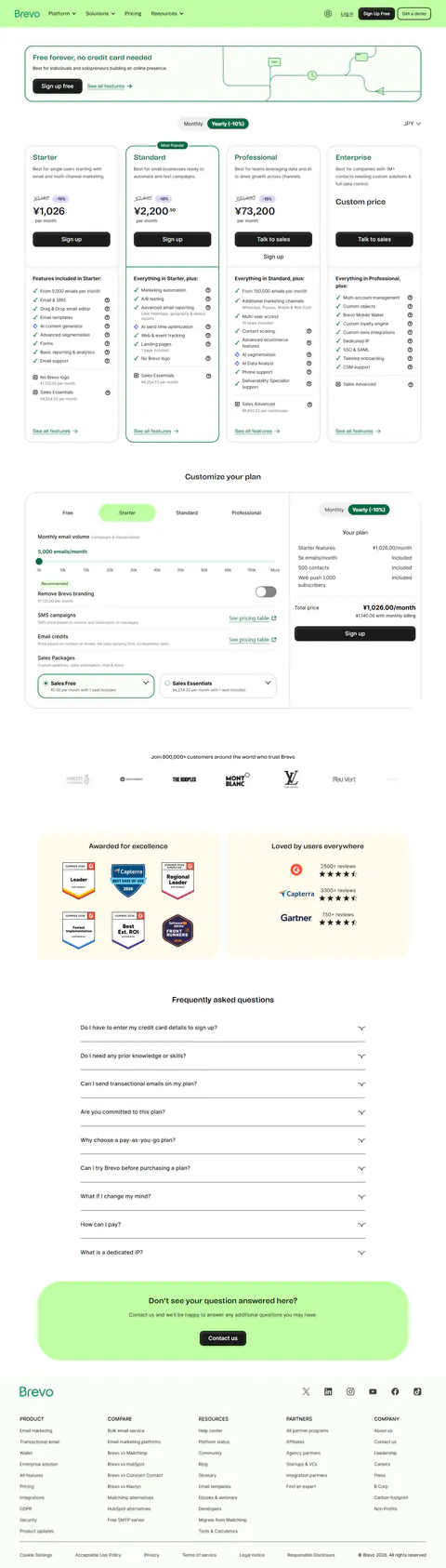 brevo.com/pricing captured 2026-09-14 in the geo-default JPY state before manual currency switch — the page prices by…