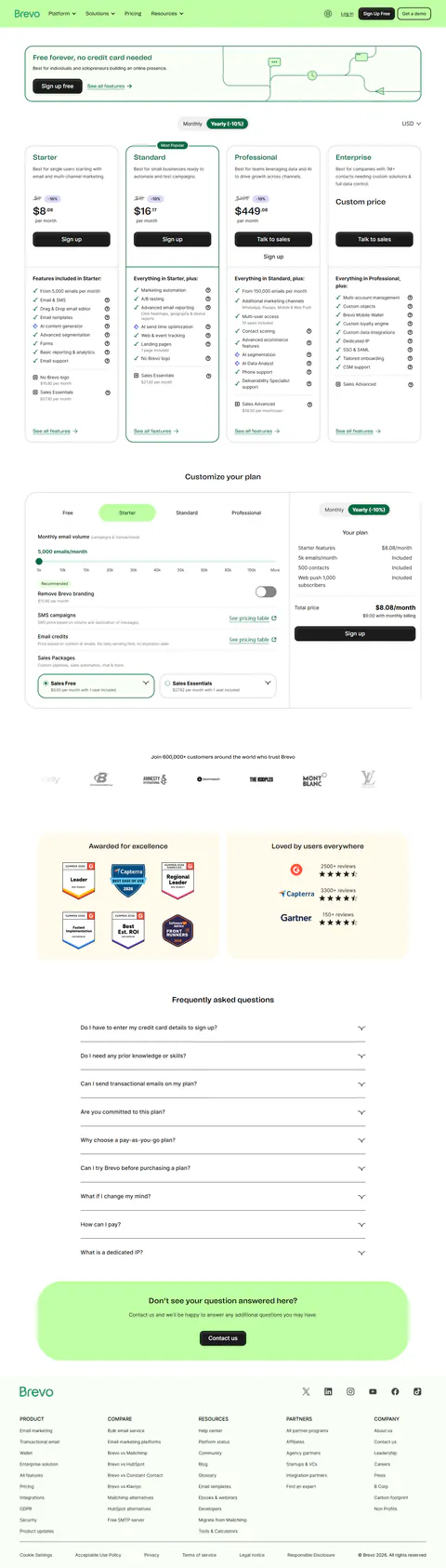 Same Brevo page after switching the currency control to USD (2026-09-14): Starter $9/month monthly or $8 yearly, Business $18/$16, BrevoPro $499/$449, email credit add-ons listed