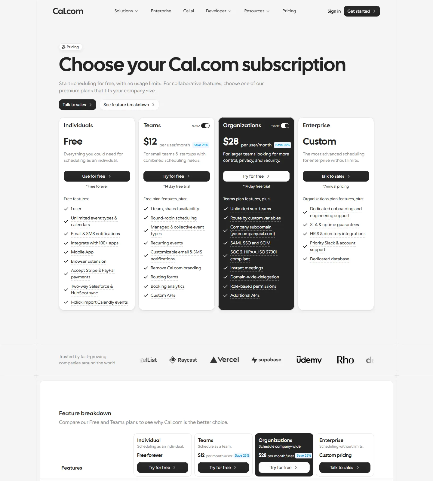 cal.com/pricing re-captured 2026-09-29: Free unlimited event types & calendars, 1 user; Teams $12, Organizations $28 per user/mo yearly — zero drift