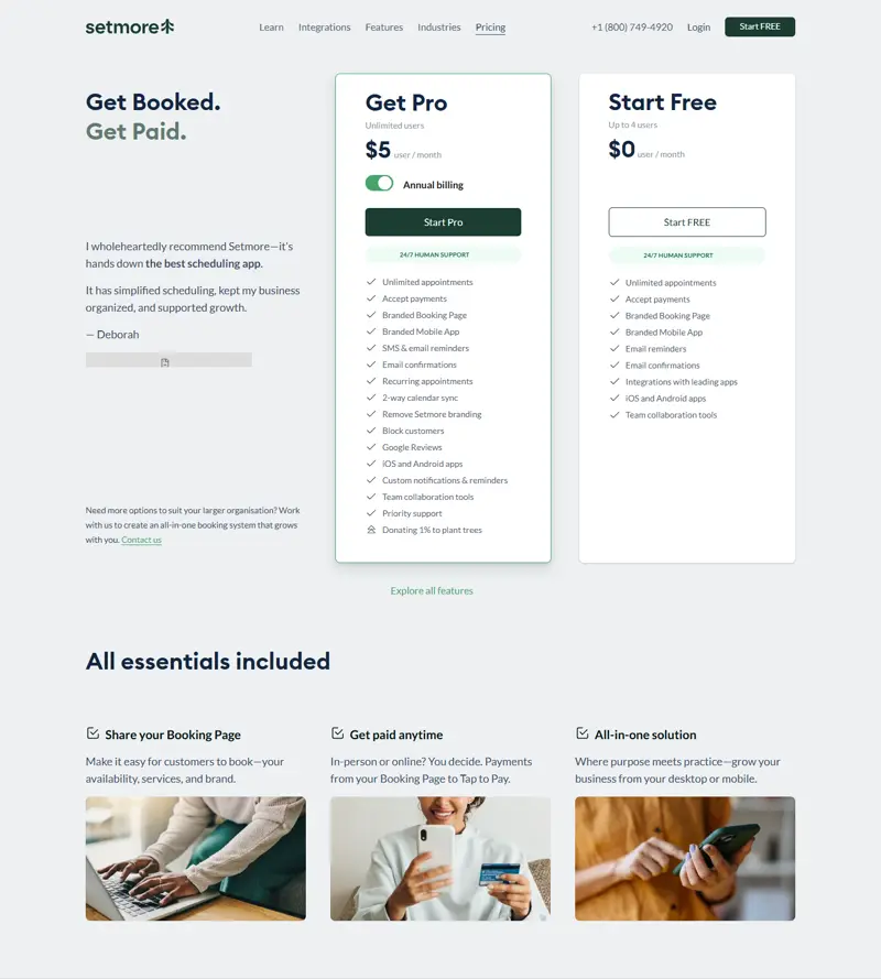 setmore.com/pricing re-captured 2026-10-14 (annual-billing state): exactly two cards — Start Free 'Up to 4 users' $0 and Get Pro '$5 user / month', 'Unlimited users'