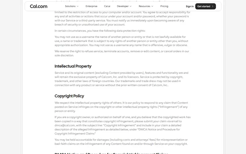 Governing Law clause, verbatim: 'These Terms shall be governed and construed in accordance with the laws of the United Kingdom without regard to its conflict of law provisions.' Operated by 'Cal.com, Inc.' (US entity) — the mismatch is the notable point. Termination clause visible above it — captured 2026-09-11