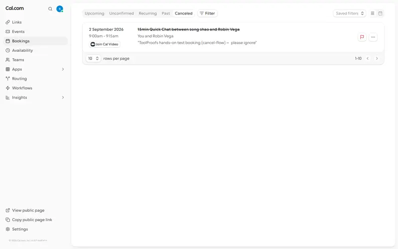 2026-09-03 persistence re-check: the cancelled test booking is still in the Cancelled tab two days later — the cancel was a durable server-side state change, not a transient UI one