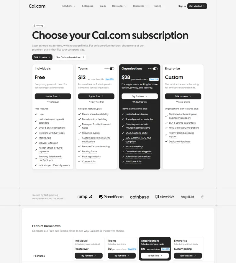 cal.com/pricing freshness re-scan 2026-10-10: Teams $12/user/mo, Organizations $28/user/mo, Save 25%, YEARLY badge, Free 'no usage limits' — zero drift