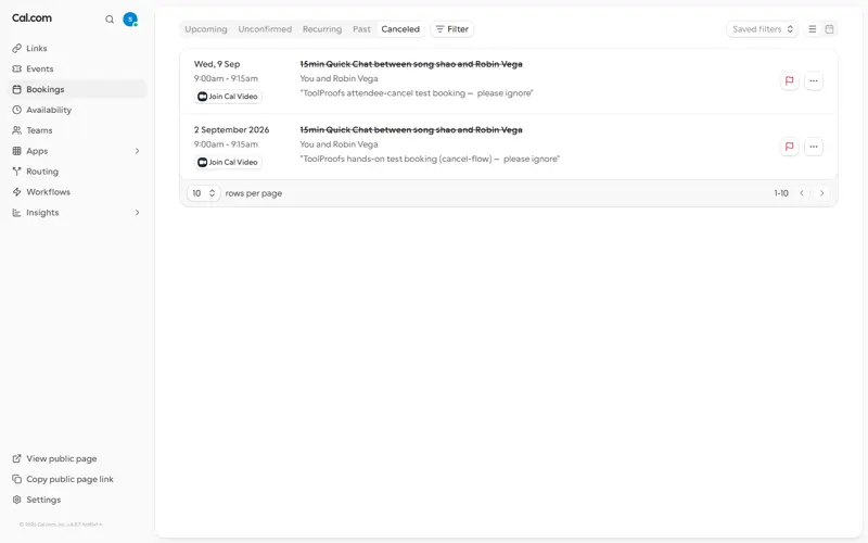 Canceled tab after attendee cancel: booking present — the link fired a real server-side cancellation attributed to the attendee's email, visible to both sides