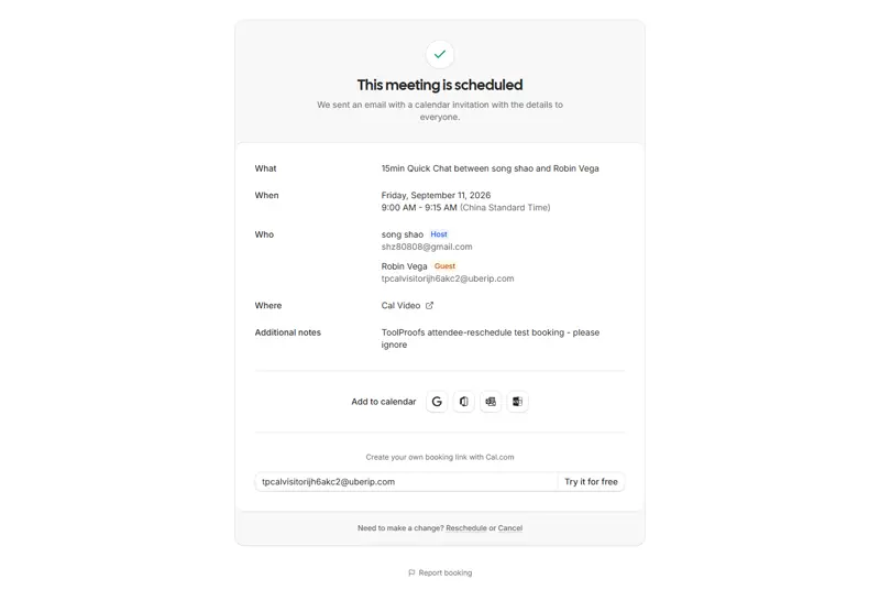 Booking success page — isSuccessBookingPage=true, confirmation for the 9/11 slot