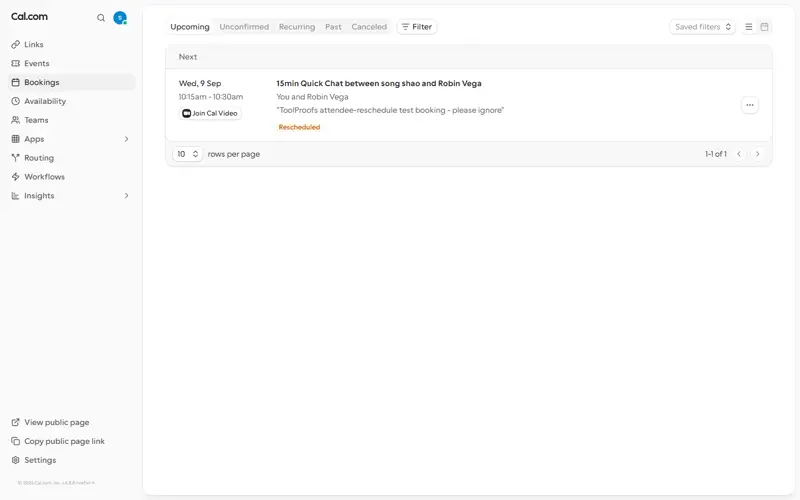 Canceled tab after cleanup — the rescheduled test booking is canceled, no live test data left