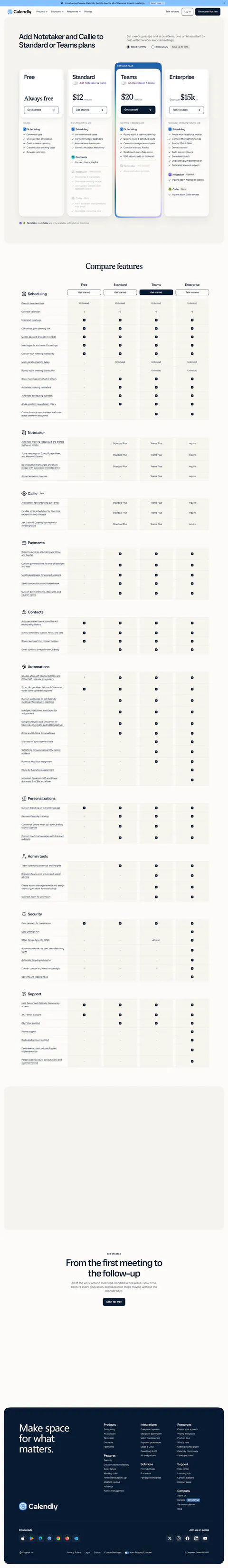 Same page after clicking 'Billed monthly' — Standard $12/seat/mo, Teams $20/seat/mo (independent data point Cal.com's own comparison pages never show)