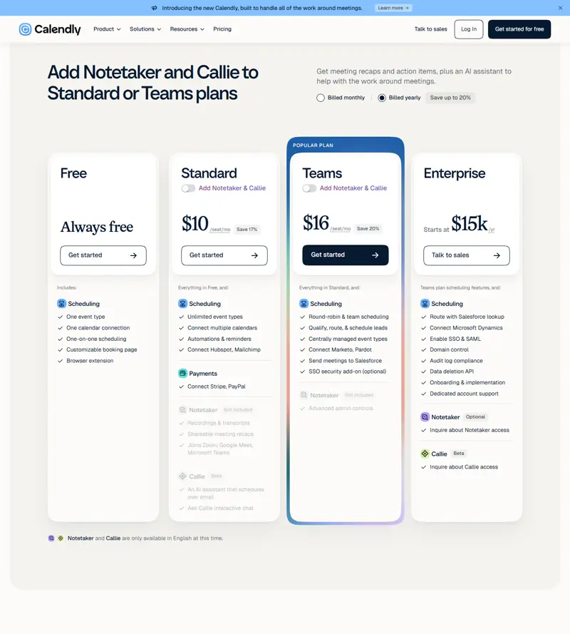 calendly.com/pricing captured 2026-10-15 (the first pass of this batch, yearly state): same free-tier wording and the same $10 / $16 yearly prices — zero drift into the 10-16 capture
