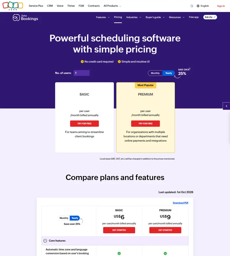 zoho.com/bookings/pricing.html captured 2026-10-15 (yearly state): 'FOREVER FREE PLAN', US$6 / US$9 per user/month billed annually, 'No credit card required', page footer 'Last updated: 1st Oct 2026'