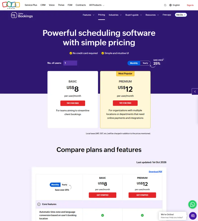 zoho.com/bookings/pricing.html 2026-10-15 with the Monthly toggle clicked: US$8 / US$12 per user/month — identical to the 10-16 re-capture, so the annual-versus-monthly spread is stable across two days