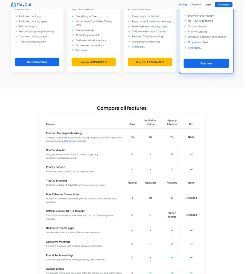 tidycal.com/pricing captured 2026-10-16: Free $0 forever (unlimited bookings and booking types, 1 calendar connection, 1% platform fee on payments), Individual Lifetime $29 one-time, Agency Lifetime $79, Pro $12/mo or $99/yr