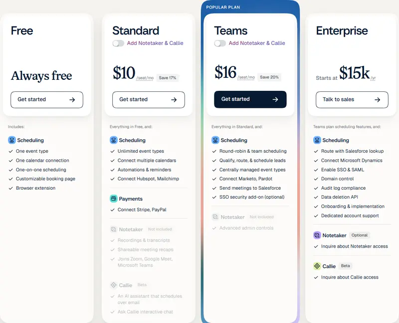 Enterprise card crop 2026-10-11: "Starts at $15k /yr … Starts at 50 seats … Available in USD only", with the seat footnote that invitees never require a seat