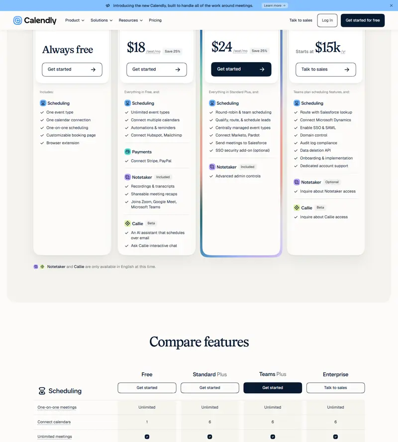 The Plus state, annual, 2026-10-11 — reached by clicking "Add Notetaker & Callie" on the Standard card: Standard Plus $18/seat/mo with a "Save 25%" badge, banner "Save up to 25%"