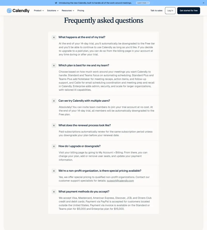 The pricing FAQ with all seven questions expanded 2026-10-11, including the payment-method answer that prints the $5,000 invoice threshold