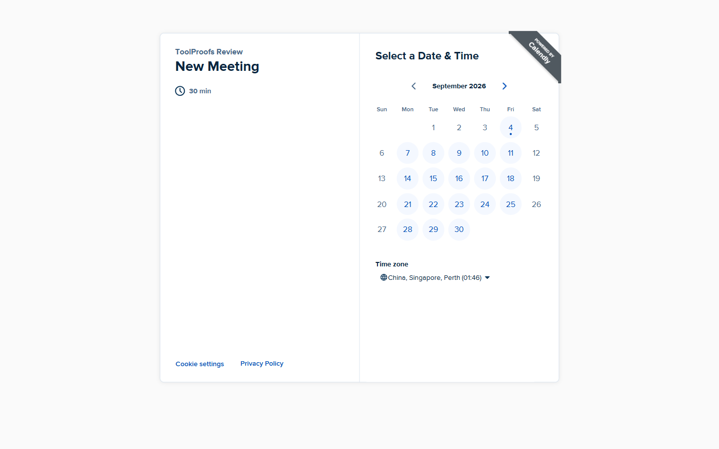 Public booking page (logged-out, weekday grid, timezone controls)