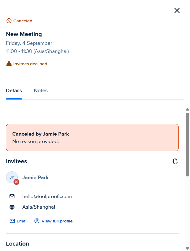 Owner meeting detail: Canceled by Jamie Park + timeline (booked 02:37 -> canceled 02:50)
