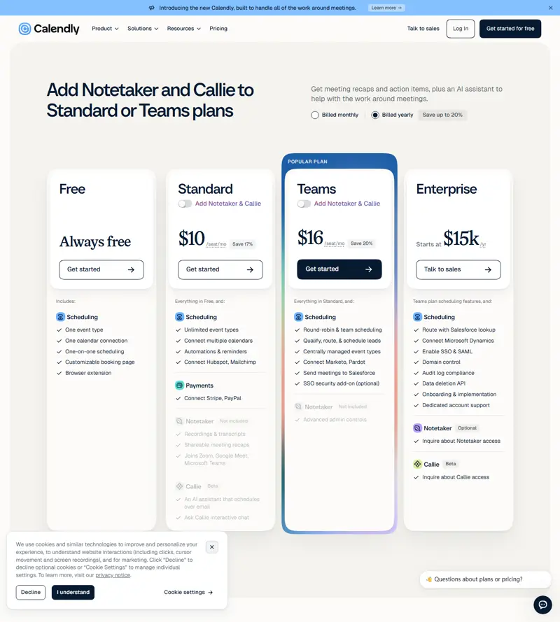 calendly.com/pricing yearly view, 2026-10-10 freshness re-scan: $10/seat/mo (Save 17%) and $16/seat/mo (Save 20%), Enterprise 'Starts at $15k /yr' — zero drift