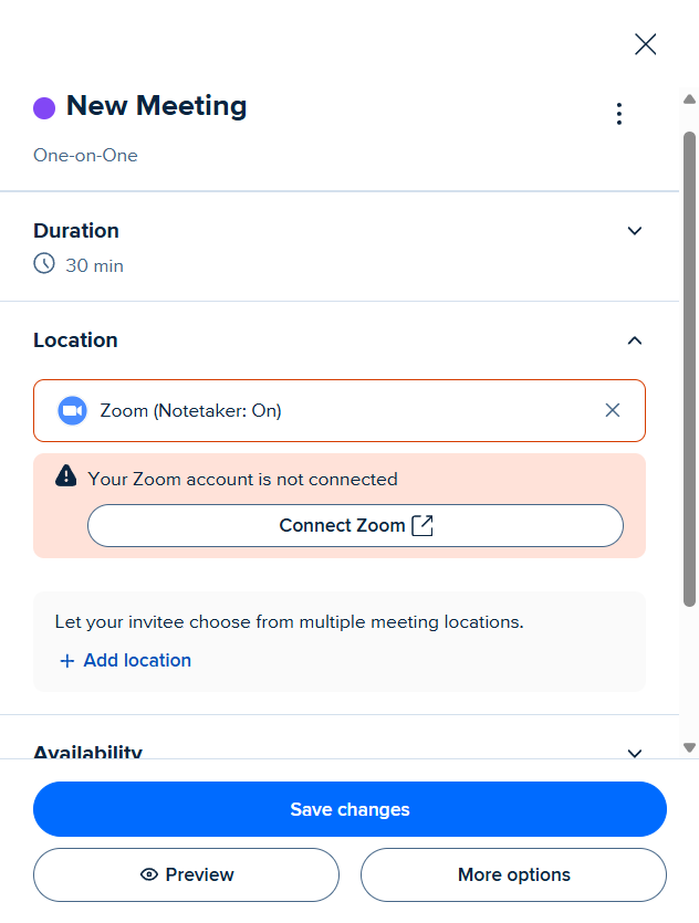Free-plan Location dropdown offers Zoom (no paywall; OAuth to connect)