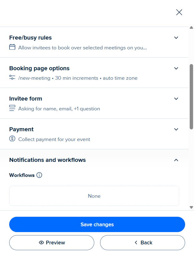 Notification defaults: confirmation ON, cancellation ON, reminders OFF, Workflows None