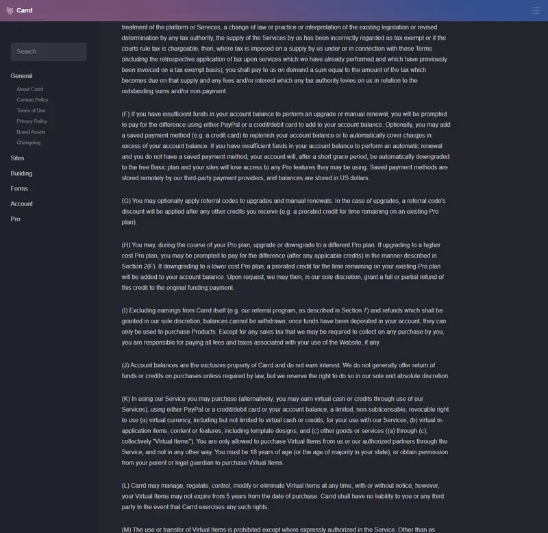 carrd.com/docs/general/terms captured 2026-09-25, scrolled to Section 2(H)-(J): the refund language is entirely discr…