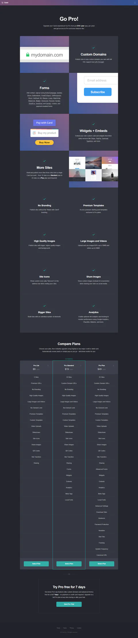 carrd.co/pro 'Compare Plans' captured 2026-09-21 in its default visible state: three cards — Pro Lite $9/year (3 Sites), Pro Standard $19/year (10 Sites), Pro Plus $49/year (25 Sites)