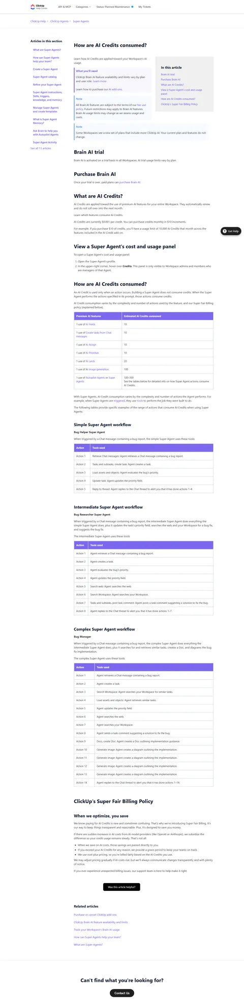 help.clickup.com 'How are AI Credits consumed?' full article captured 2026-09-18 (proxied desktop session): the per-a…