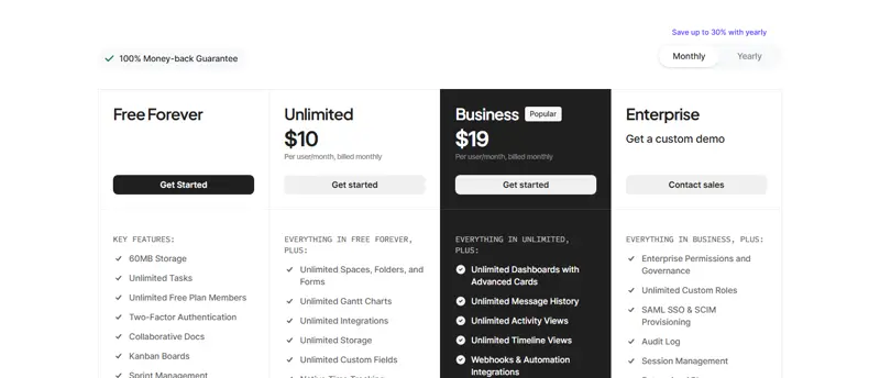 Same page after exercising the Monthly billing control (2026-09-18): card prices re-state as $10 (Unlimited) and $19 (Business) per user/month billed monthly