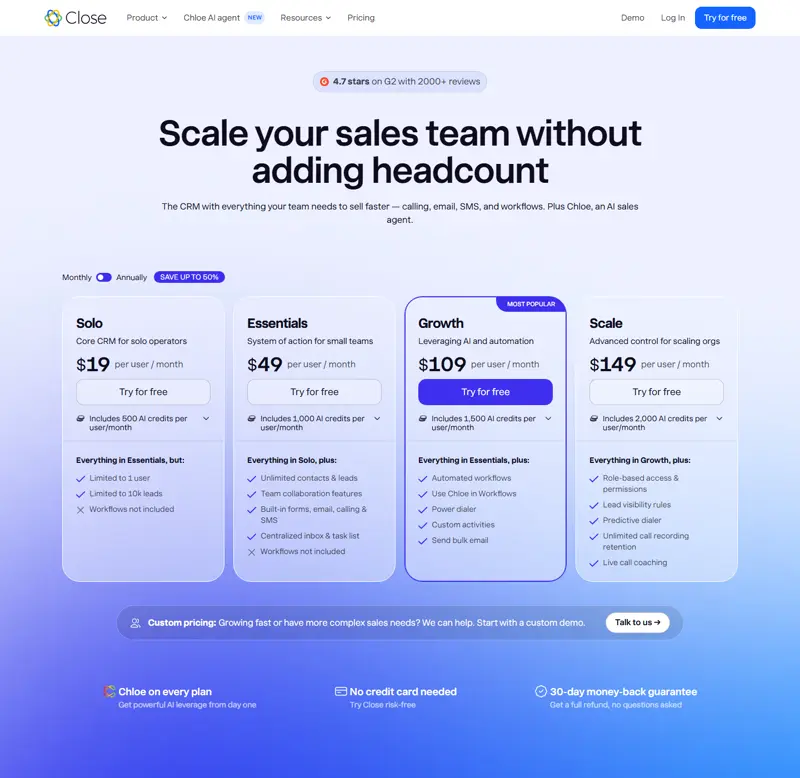 Same page 2026-10-08 after clicking the real monthly billing control (page attribute flipped to data-billing=monthly and the annually figures disappeared from the rendered text): Solo $19, Essentials $49, Growth $109, Scale $149 per user/month
