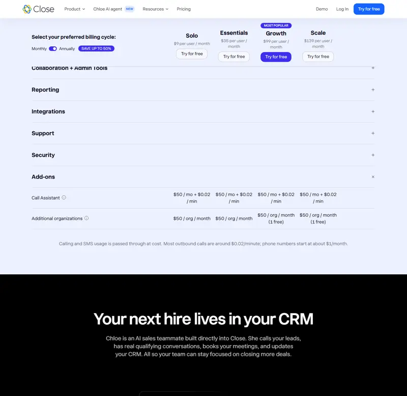 The Add-ons section rendered 2026-10-08 after opening the add-on tab: Call Assistant '$50 / mo + $0.02 / min' and 'Additional organizations $50 / org / month' (marked '1 free' for Growth and Scale)