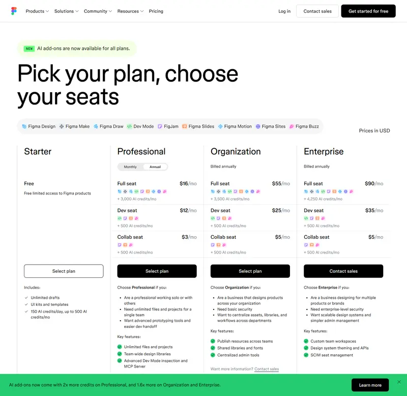 figma.com/pricing captured 2026-10-09 with the page's own "Prices in USD" label: Starter free, Professional Full $16…