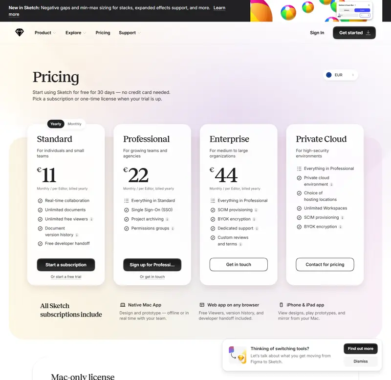 sketch.com/pricing captured 2026-10-09: 30-day trial with no credit card, then Standard / Professional / Enterprise tiers; the session was served EUR (€11 / €22 / €44 per editor per month billed yearly) and the page's USD text layer the same day printed $12 / $24 / $44, plus a $120 one-time Mac-only license