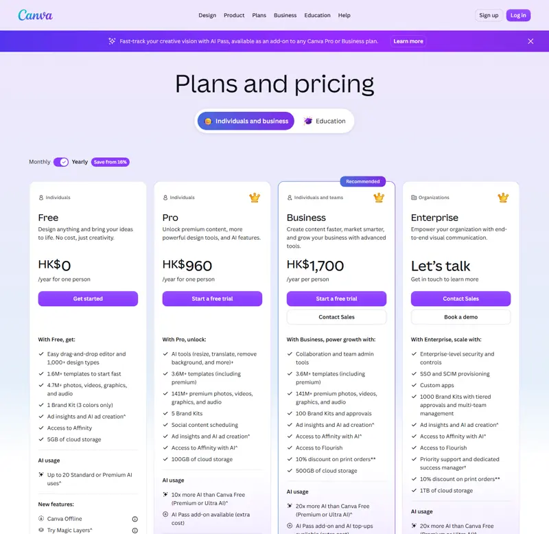 canva.com/pricing captured 2026-10-09 showing the plan cards with a "Save from 16%" badge: Free HK$0, Pro HK$960 per year for one person, Business HK$1,700 per year per person — the same page's US-store text layer that day read US$0, US$144 and US$250