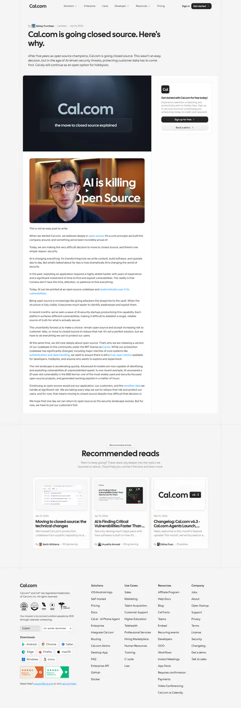 Cal.com's own closed-source announcement (blog, Apr 14 2026) captured 2026-09-02 — the primary source for the 'why'