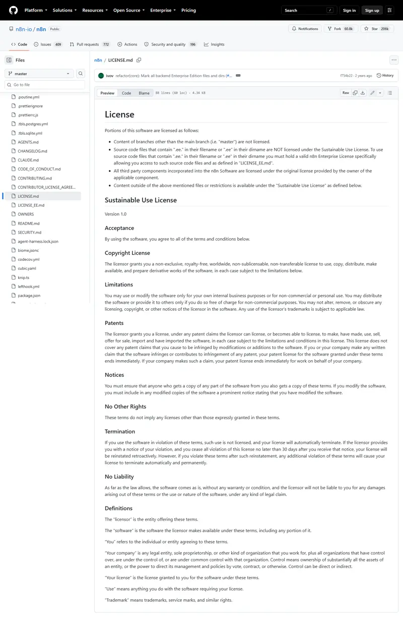 github.com/n8n-io/n8n/blob/master/LICENSE.md rendered, captured 2026-09-21: 'Sustainable Use License' and 'Version 1.…