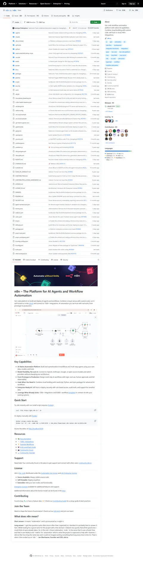 n8n-io/n8n repository page captured 2026-09-21: 205.5k stars display, README describing the project as fair-code and licensing as 'Sustainable Use License'; GitHub's license field for the repo reads 'Other'