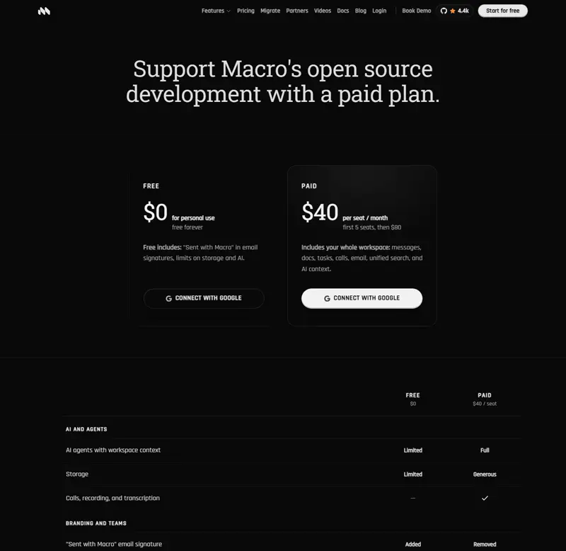 macro.com/pricing captured 2026-09-21 (full page): 'Free $0 for personal use free forever' with 'Sent with Macro' ema…