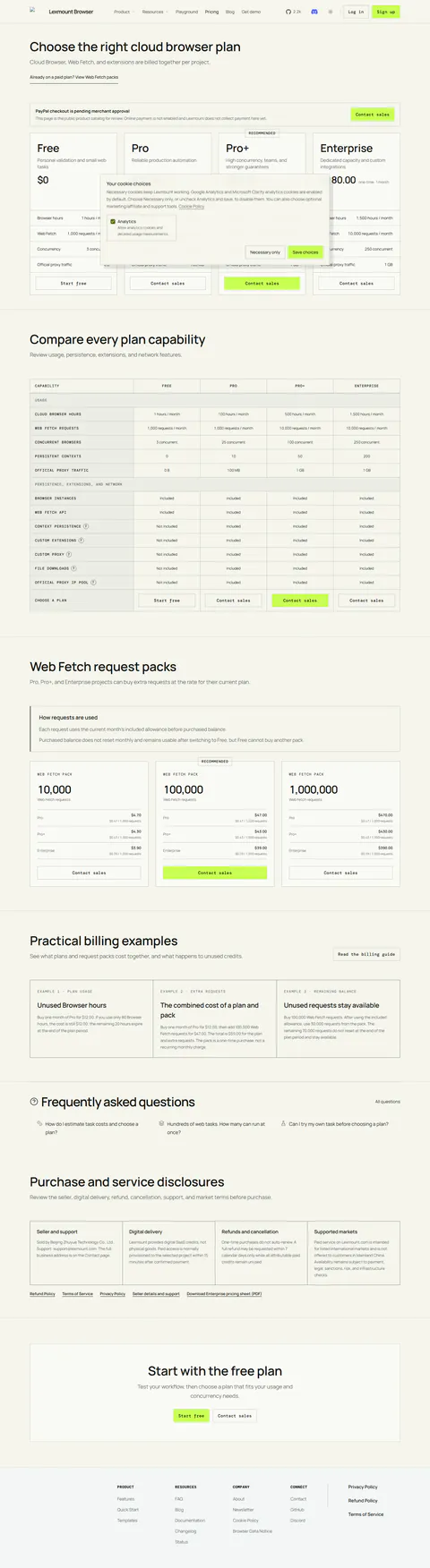 browser.lexmount.com/pricing captured 2026-09-21 (full page): notice banner 'This page is the public product catalog…