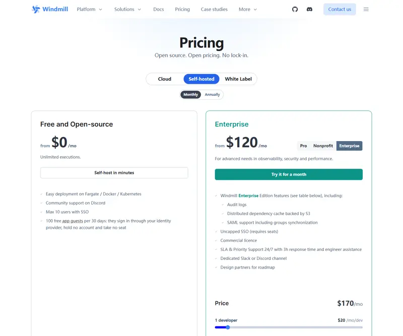 windmill.dev/pricing captured 2026-09-20: 'Free and Open-source' self-hosted tier at $0/mo with 'Unlimited executions' and max 10 users with SSO, self-host Enterprise at $120/mo, plus a separate metered cloud billing block at $170/mo for 1 developer ($20/mo/dev, operators at $10/mo) — the free tier is explicitly self-hosted only