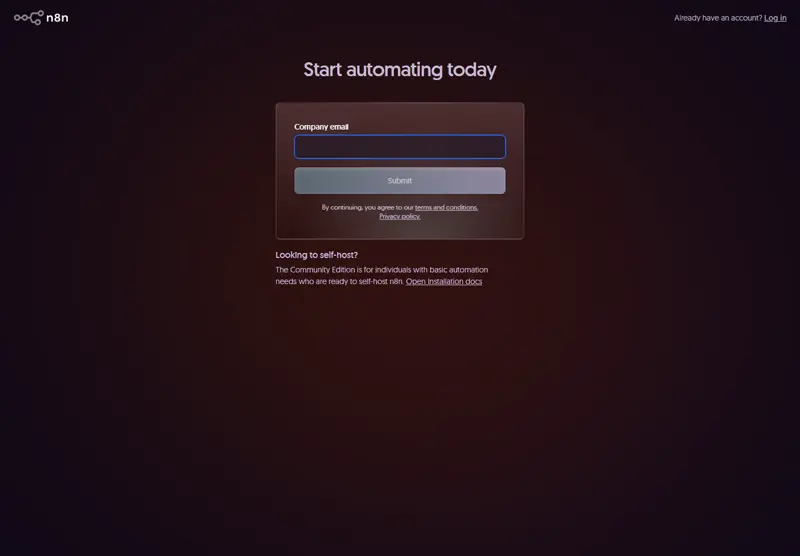 app.n8n.cloud/register (2026-09-16) reached from the Starter 'Start free trial' button: single company-email field, no card fields on the form, and a 'Looking to self-host?' pointer to the Community Edition