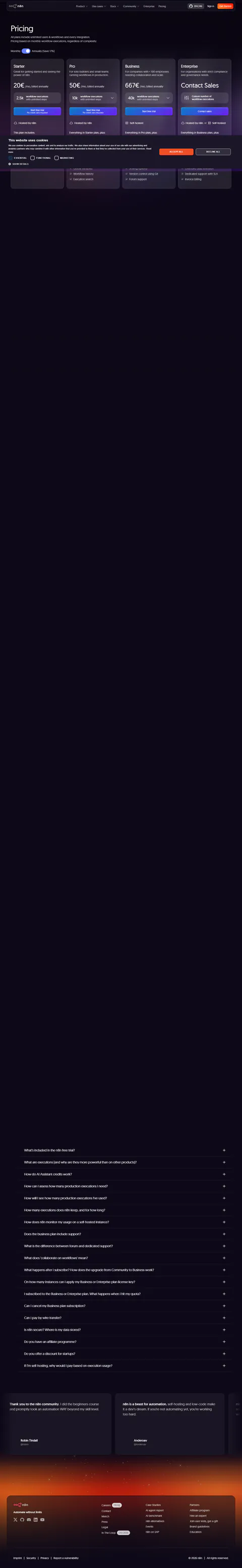 n8n.io/pricing captured 2026-09-16 in the default 'Annually (Save 17%)' state: Starter €20/mo billed annually with 2.…