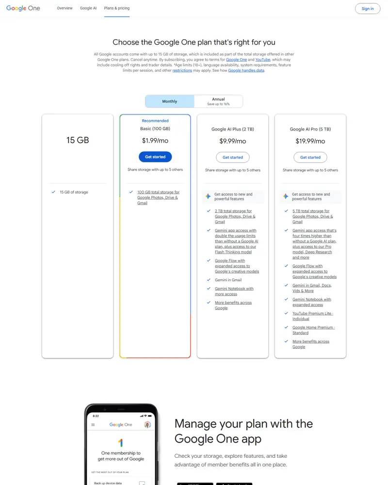 one.google.com/about/plans monthly view captured 2026-10-04: Basic (100 GB) $1.99/mo, Google AI Plus (2 TB) $9.99/mo,…