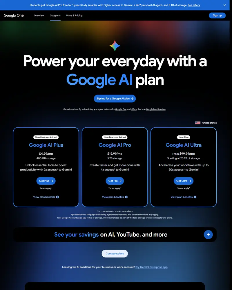 one.google.com/about/google-ai-plans/ captured 2026-10-04 (United States): 'Google AI Plus $4.99/mo — 400 GB storage', 'Google AI Pro $19.99/mo — 5 TB storage' with Monthly ($19.99) / Annual ($199.99), 'Google AI Ultra From $99.99/mo — starting at 20 TB', bundle values (Health Premium $9.99/mo value, Home Premium Standard $10/mo value, Advanced $20/mo value, $10 and $40 monthly Google Cloud credits) and the comparison table whose Storage row reads '400 GB or 2 TB' for Plus