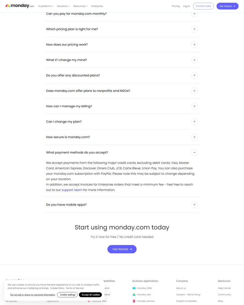 monday.com/pricing captured 2026-10-04 (US/USD, 10 seats, yearly view with 'SAVE 18%' toggle): Free $0 up to 2 seats,…