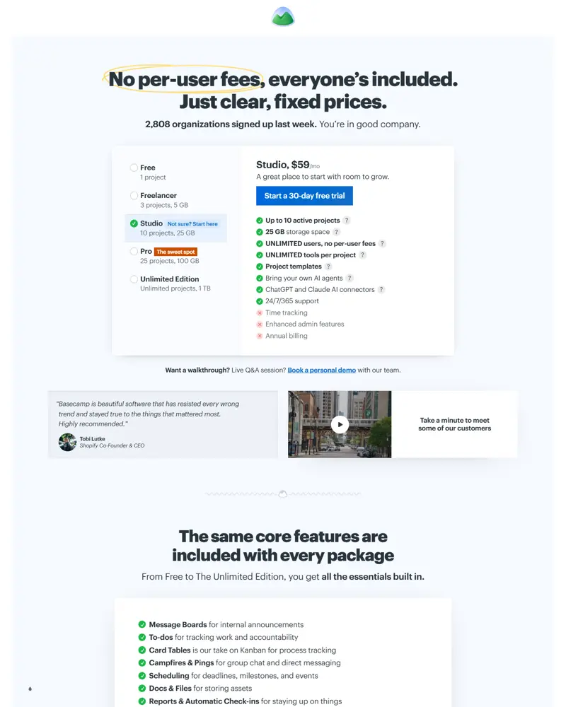 basecamp.com/pricing captured 2026-10-04 (US/USD): Free 1 project / 5 users / 1 GB, Freelancer $25/mo for 3 active pr…