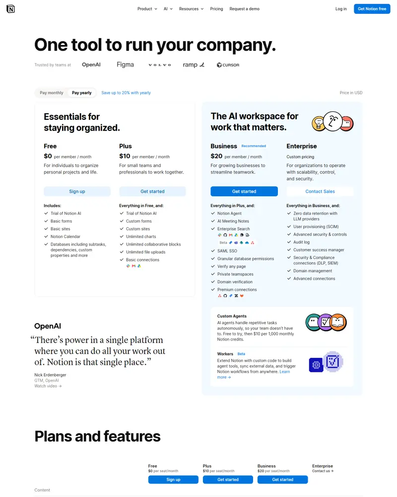 notion.com/pricing captured 2026-10-04 (US/USD, yearly view): Free and Plus both list 'Trial of Notion AI'; Business…