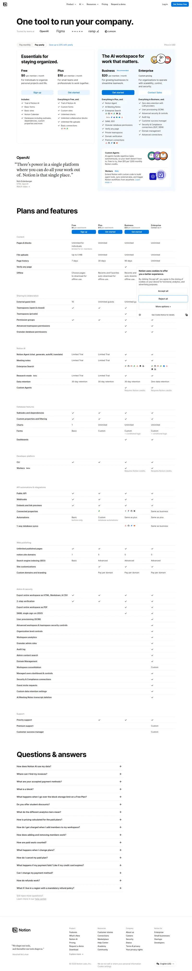 notion.com/pricing captured 2026-10-04 (US/USD, default yearly view): Free $0, Plus $10, Business $20, Enterprise custom, billed per member per month with a 'Save up to 20% with yearly' toggle present
