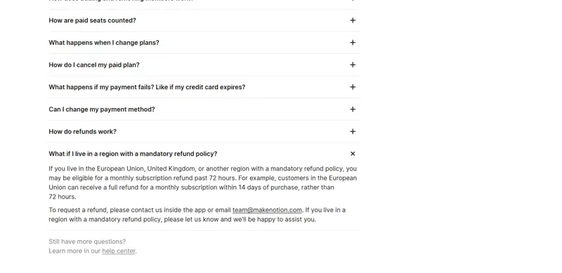 Same pricing page, 'What if I live in a region with a mandatory refund policy?' — EU customers get 14 days on monthly subscriptions 'rather than 72 hours', captured 2026-09-17