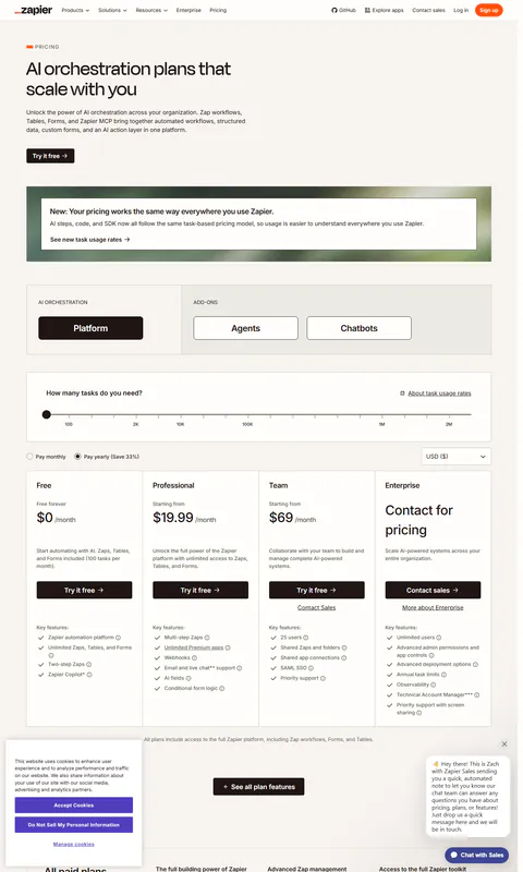zapier.com/pricing captured 2026-09-22 in the default annual state: Free $0 (100 tasks per month), Professional 'Star…