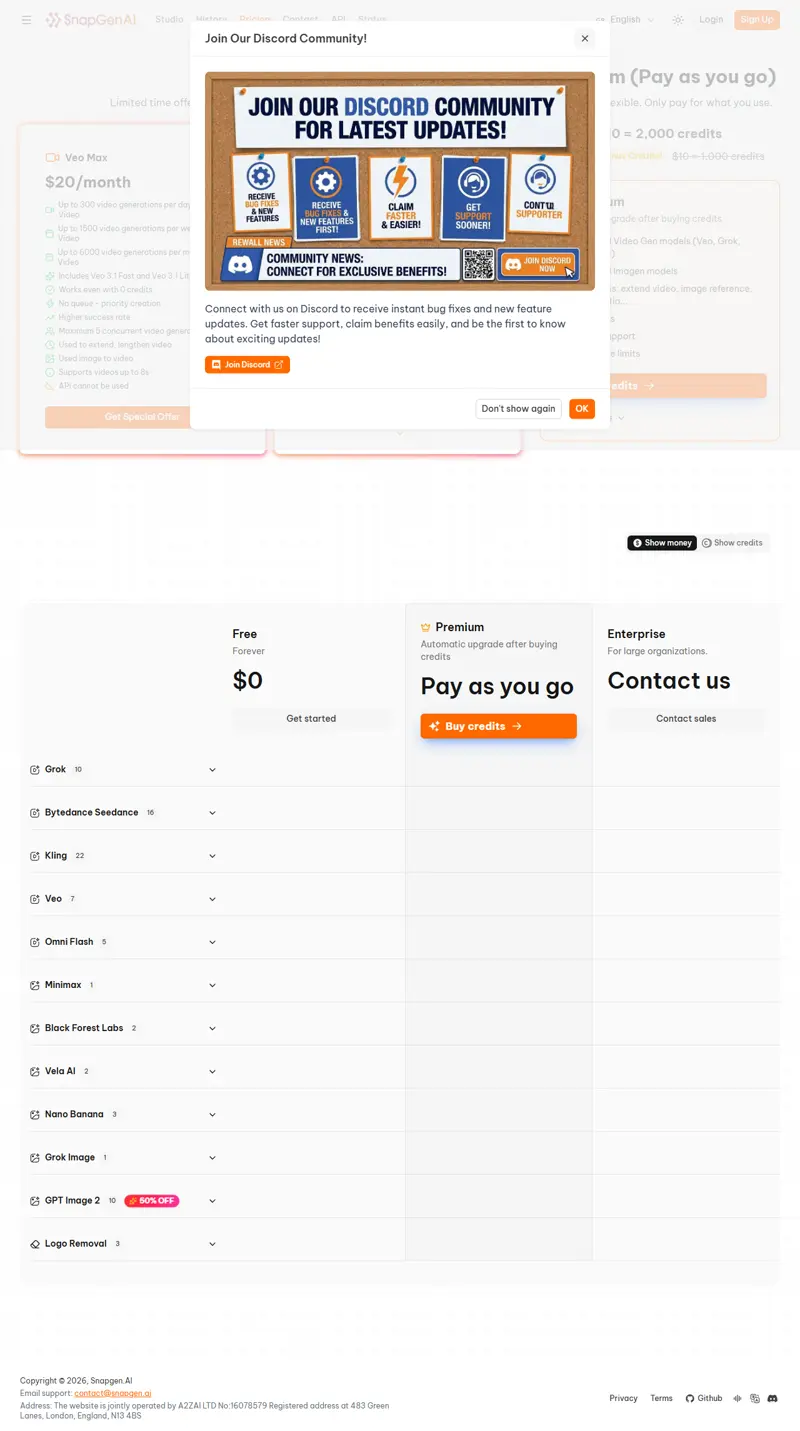 snapgen.ai/pricing full page captured 2026-09-28: Veo Max $20/mo, Image Max $10/mo, $10 = 2,000 credits promo, per-mo…