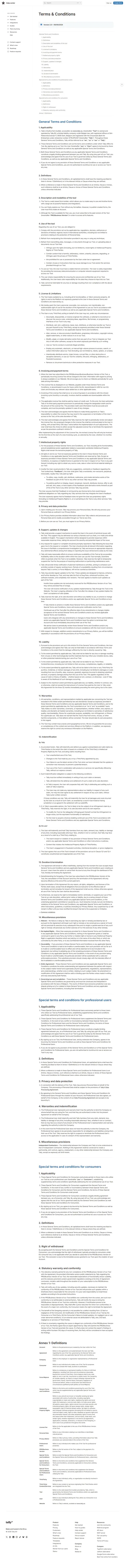 tally.so/terms captured 2026-09-11 in a headless session — full terms page. Version stamp reads 'Version 2.0 - 09/09/…